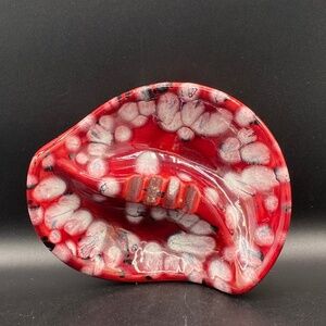 Pottery Ashtray, no maker, red with white and black spots, swirl shape,  MCM VTG
